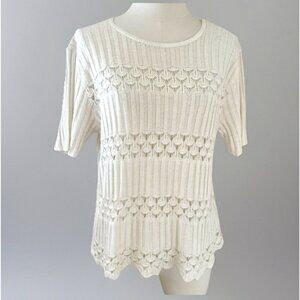 Two Roads Open Weave Ribbed Sweater Women's L Ivory Lightweight Scalloped Boho